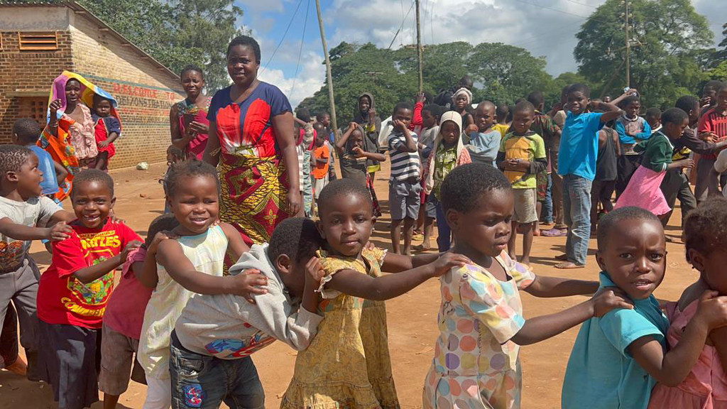 Children playing during a UNICEF visit to the Kapeni Displacement Camp in Blantyre, Malawi, in the wake of Cyclone Freddy.